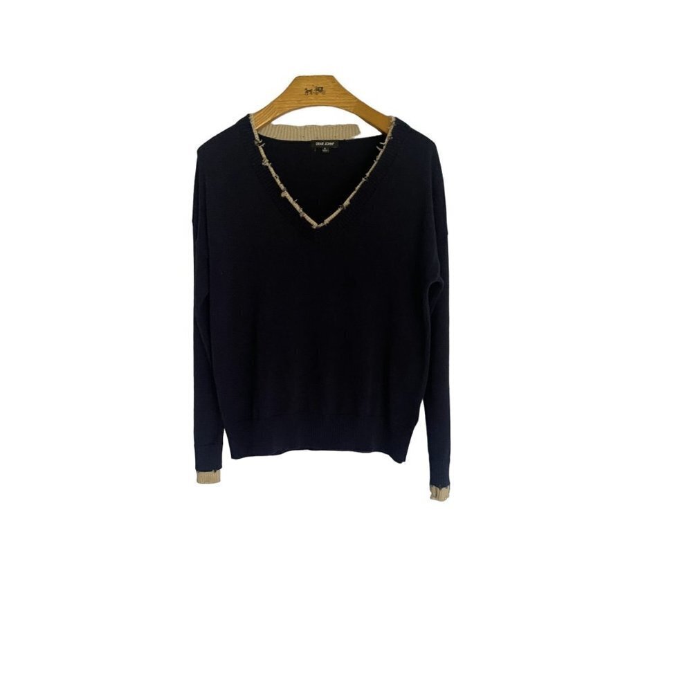 Dear John Distressed Neck and Cuff Navy Blue V Neck Sweater S
